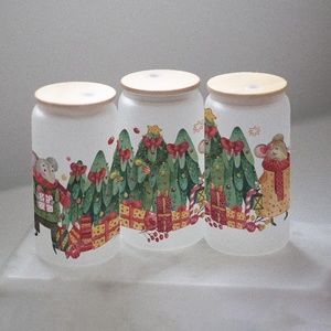Christmas Character Glasses cup 16 oz glass cup with Straw & Bamboo Lid